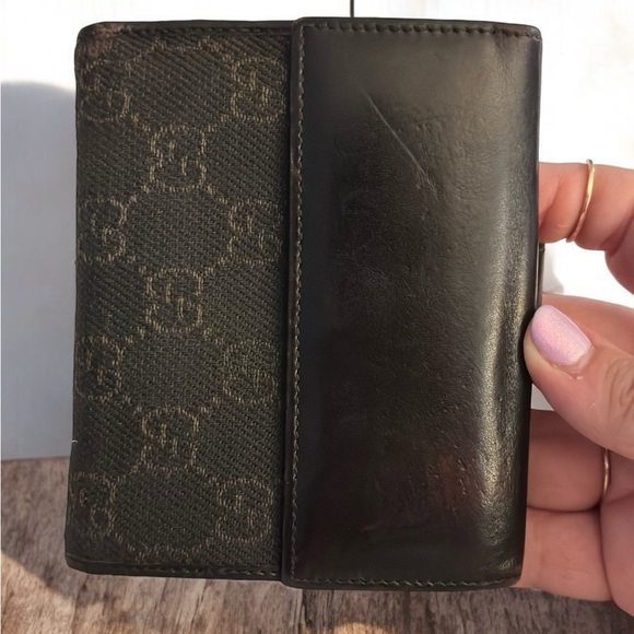 GUCCI Dark Brown Lambskin and Canvas GG Guccismo Bifold Wallet - Picture 5 of 6